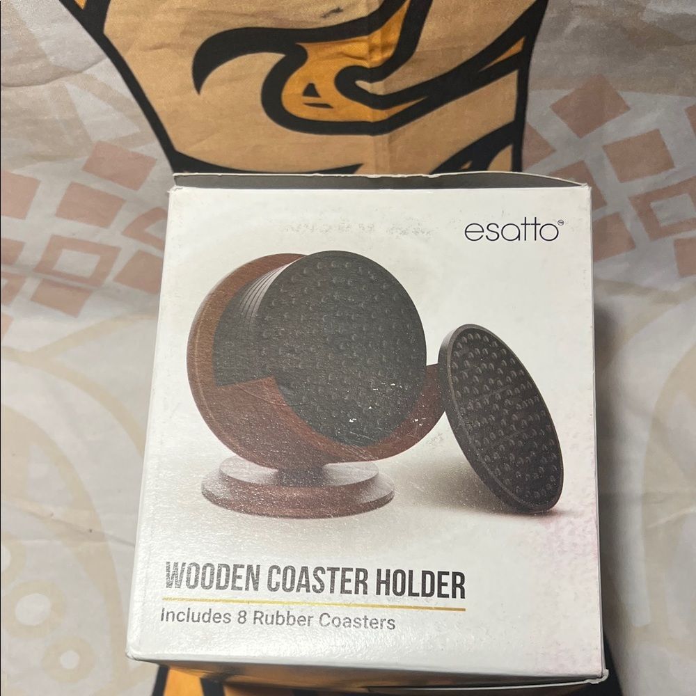 Brown Wooden Coaster Holder with 8 Rubber Coasters